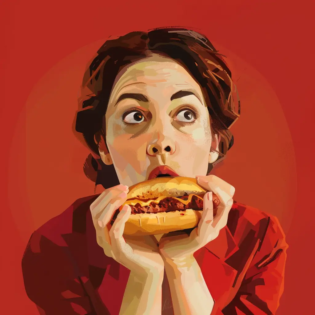 A screenshot of Free Avatar: Sociologist Woman Eating Hotdog