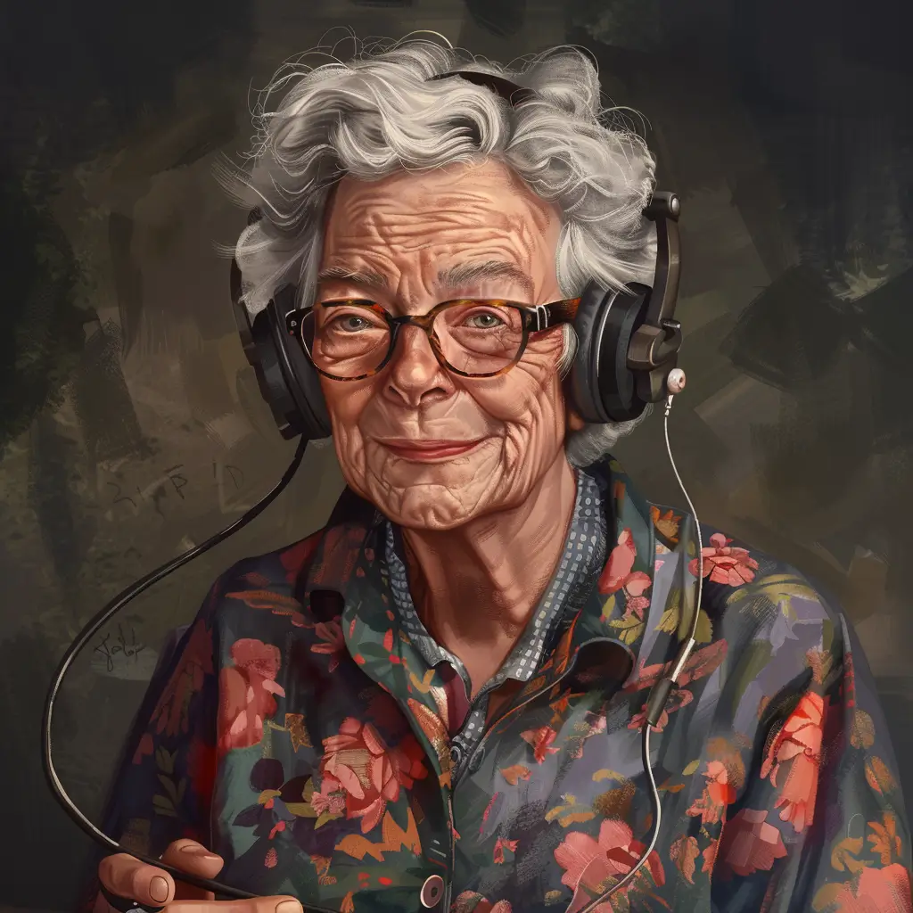 A screenshot of Free Avatar: Elderly Woman Film and Video Editor with Headworn Microphone in Fantasy Style