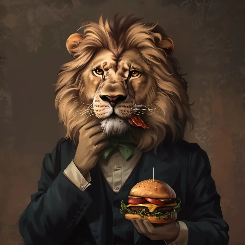 A screenshot of Free Avatar: Lion Librarian Eating Hamburger