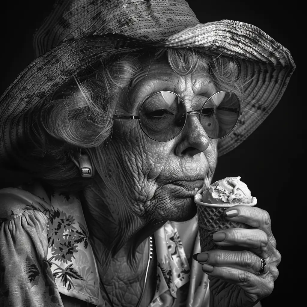 A screenshot of Free Avatar: Elderly Woman Eating Ice Cream