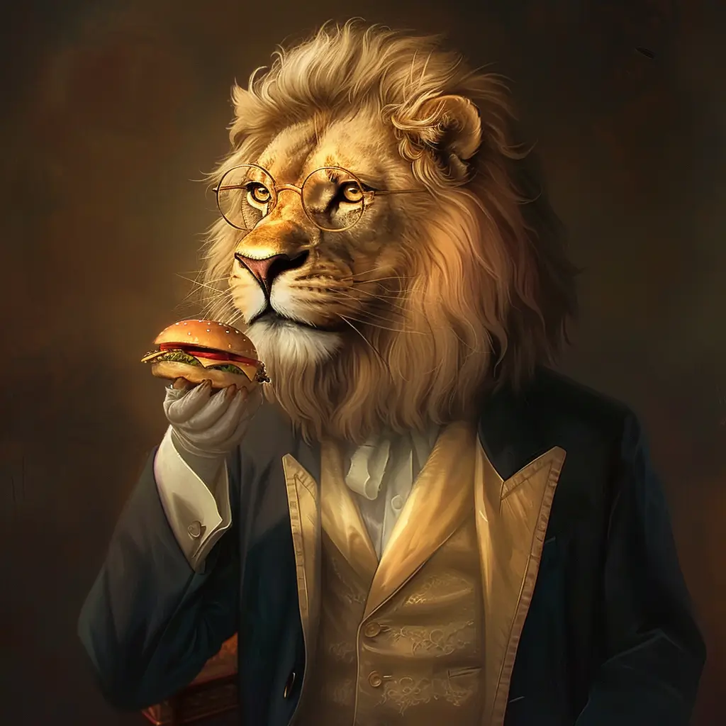 A screenshot of Free Avatar: Lion Librarian Eating Hamburger