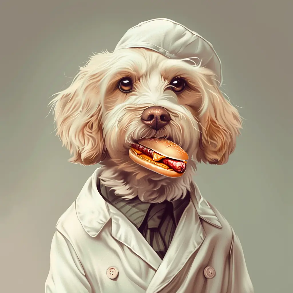 A screenshot of Free Avatar: Medical Assistant Puppy Eating Hotdog AI Avatar