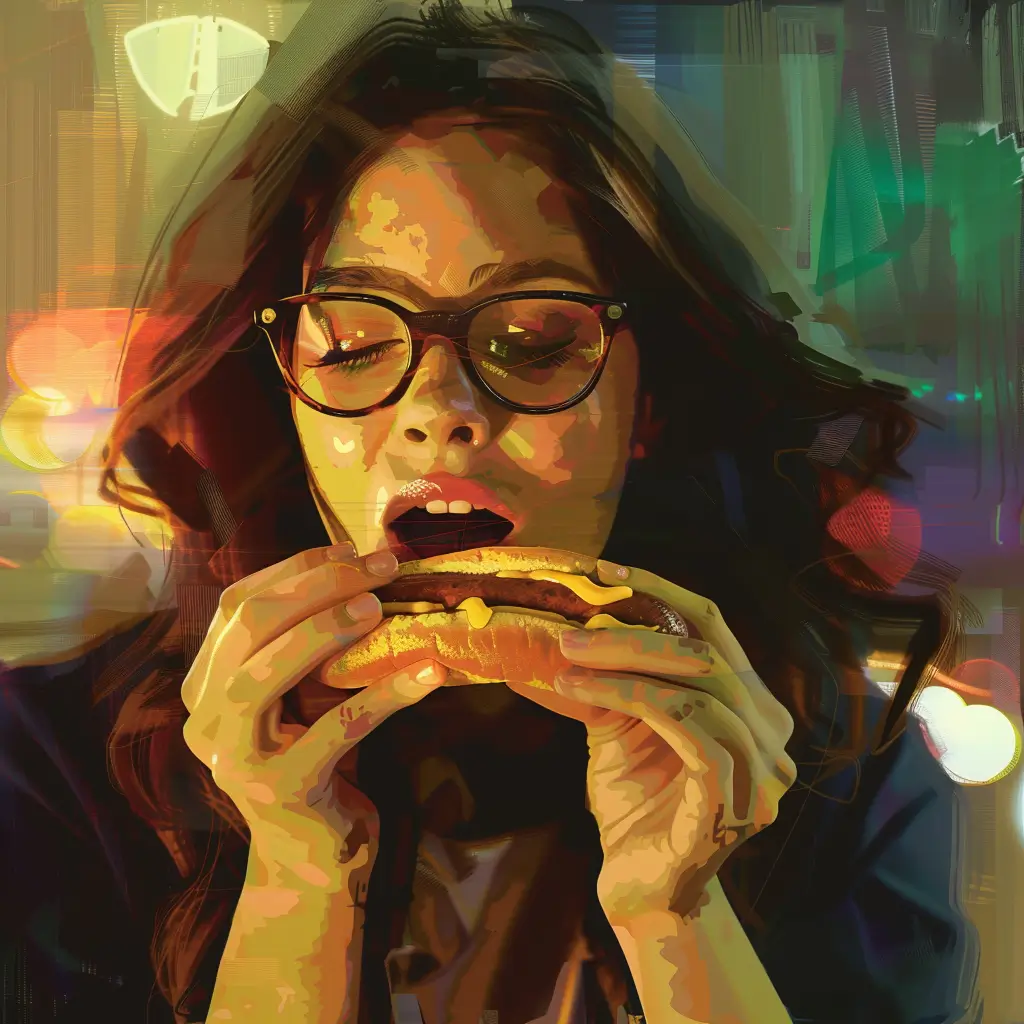 A screenshot of Free Avatar: Sociologist Woman Eating Hotdog